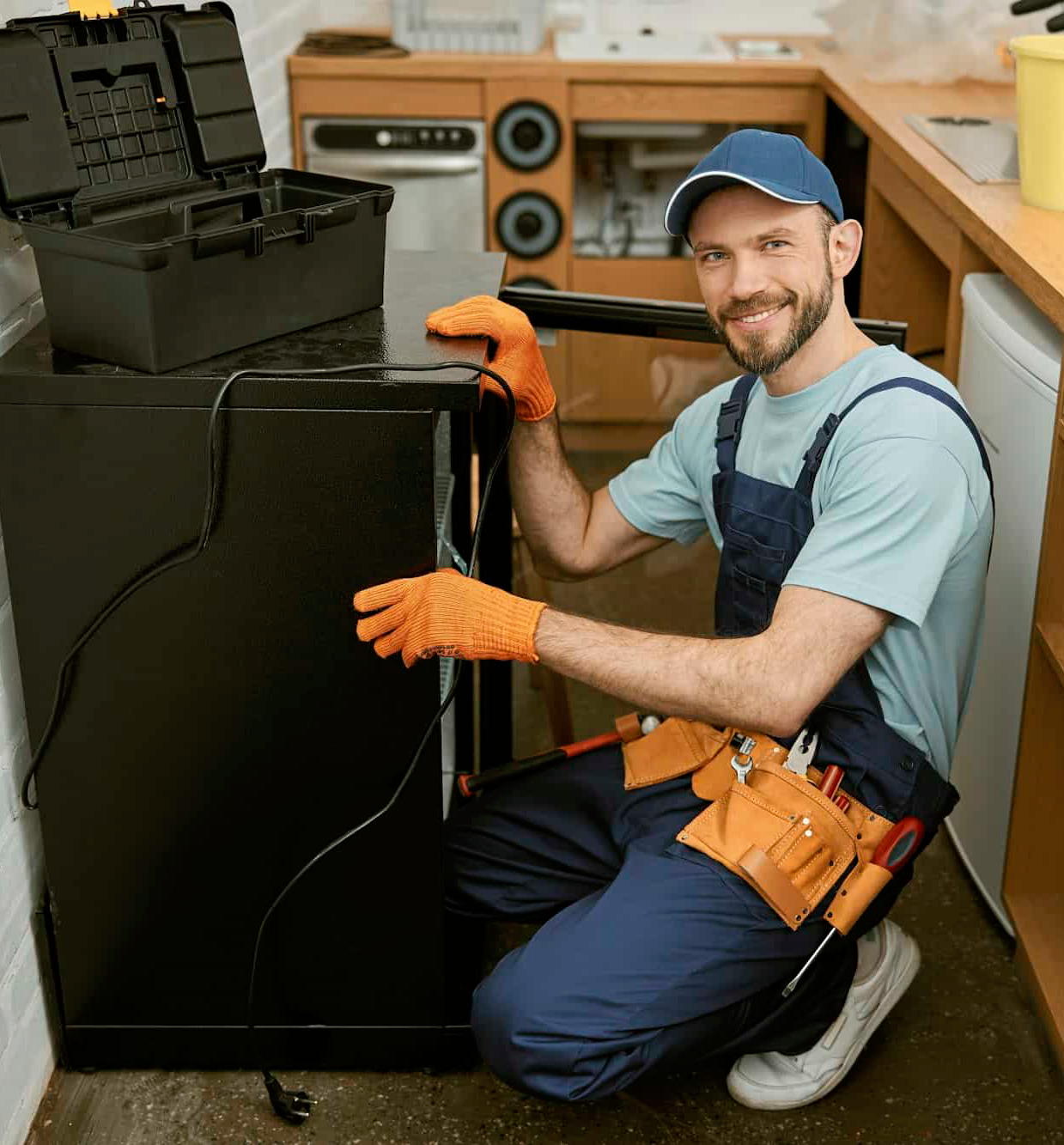joyful young man fixing fridge in kitchen